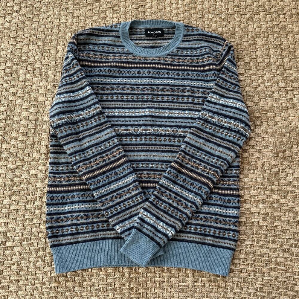 Bonobos Men's Sweater 100% Merino Wool Blue Fair Isle Size Large Slim Fit